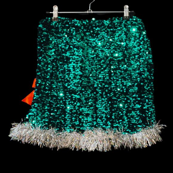 Love on a Hanger Dark Green Sequin Silver Tinsel Red Bow Christmas Skirt Medium - Picture 4 of 7